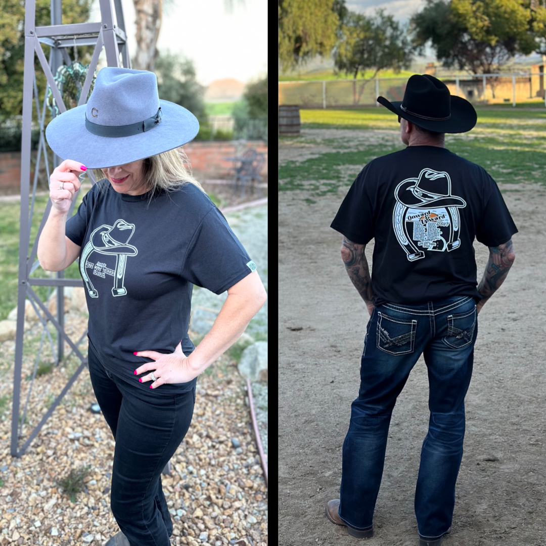 “ONWARD & UPWARD” Tour :
Life Out There Apparel “ONWARD & UPWARD” Tour Black Unisex tee is a country concert design with a cowboy hat & horseshoe on the front and back, with all the design names from the past 2 years (instead of city & tours dates) this photo is of a woman rocking a cowgirl hat & a man wearing a cowboy hat.