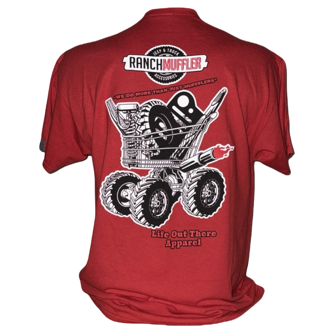The Unisex - We Do More Than Just Mufflers Tee in red by Life Out There Apparel is perfect for muffler and off-road fans, featuring a shopping cart with auto parts and the text: Ranch Muffler, We do more than just mufflers.