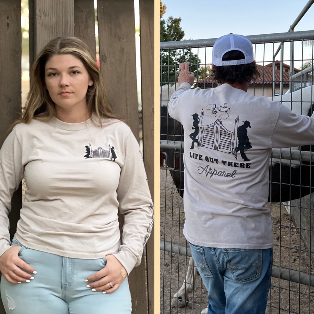 Two images: on the left, a person in a Unisex THE YEEHAW Long Sleeve T Shirt - Sandstone / Black paired with jeans stands against a wooden fence. On the right, someone wearing the same Life Out There Apparel shirt, showcasing a "Life Out Here" graphic, captures the essence of ranch life as they hold a metal gate.