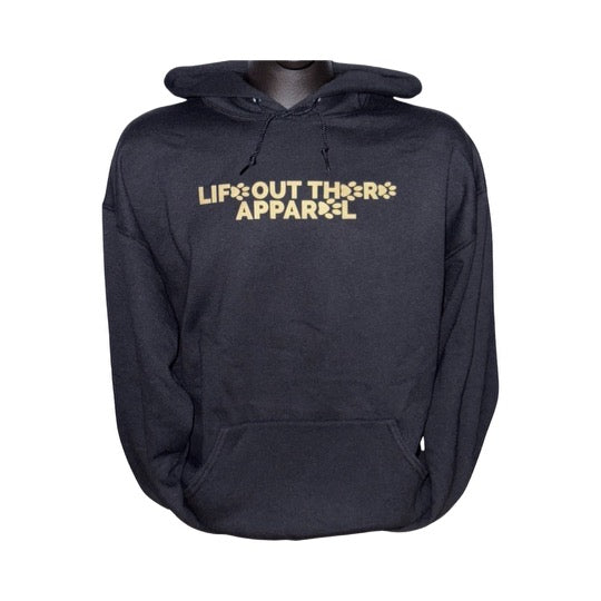 Life Out There Apparel “Best Friend” Unisex hoodie in black. This is the front of the hoodie with paw prints on it.