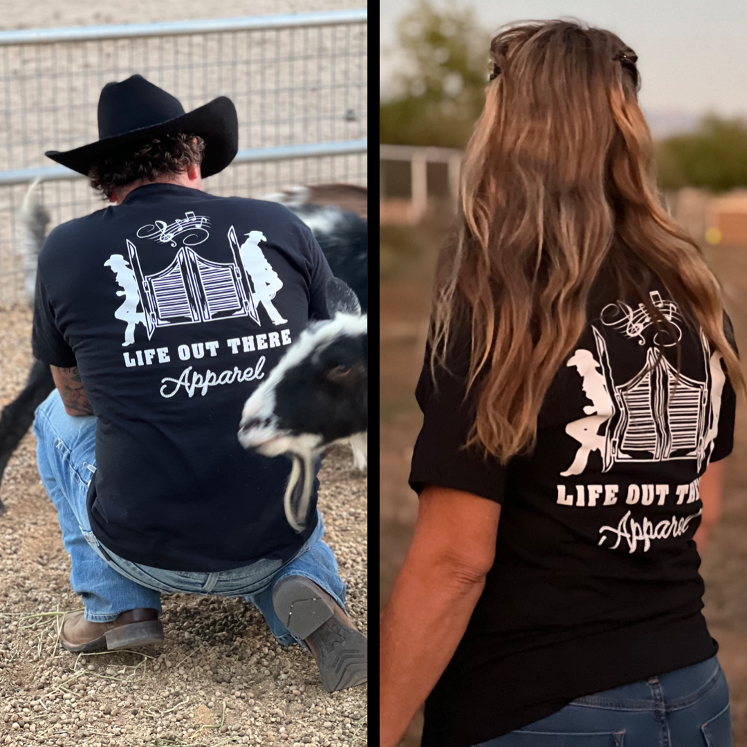 Two individuals donning Unisex THE YEEHAW T Shirt from Life Out There Apparel, ideal for ranch life with a rodeo-themed design on the back. The left image features a man in a cowboy hat kneeling beside a calf, and the right image displays a woman standing outdoors.