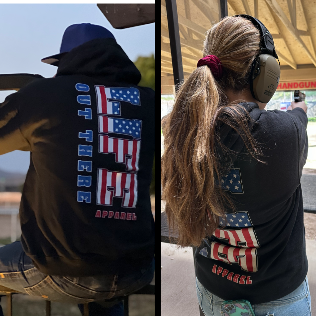 Split image: On the left, a person in a cap and the Unisex The Freedom Hoodie - Black by Life Out There Apparel, featuring an American flag graphic and OUT THERE text, representing the spirit of THE FREEDOM. On the right, another individual with long hair and ear protection wears the same hoodie at a shooting range—embracing the essence of the Land of the Free.