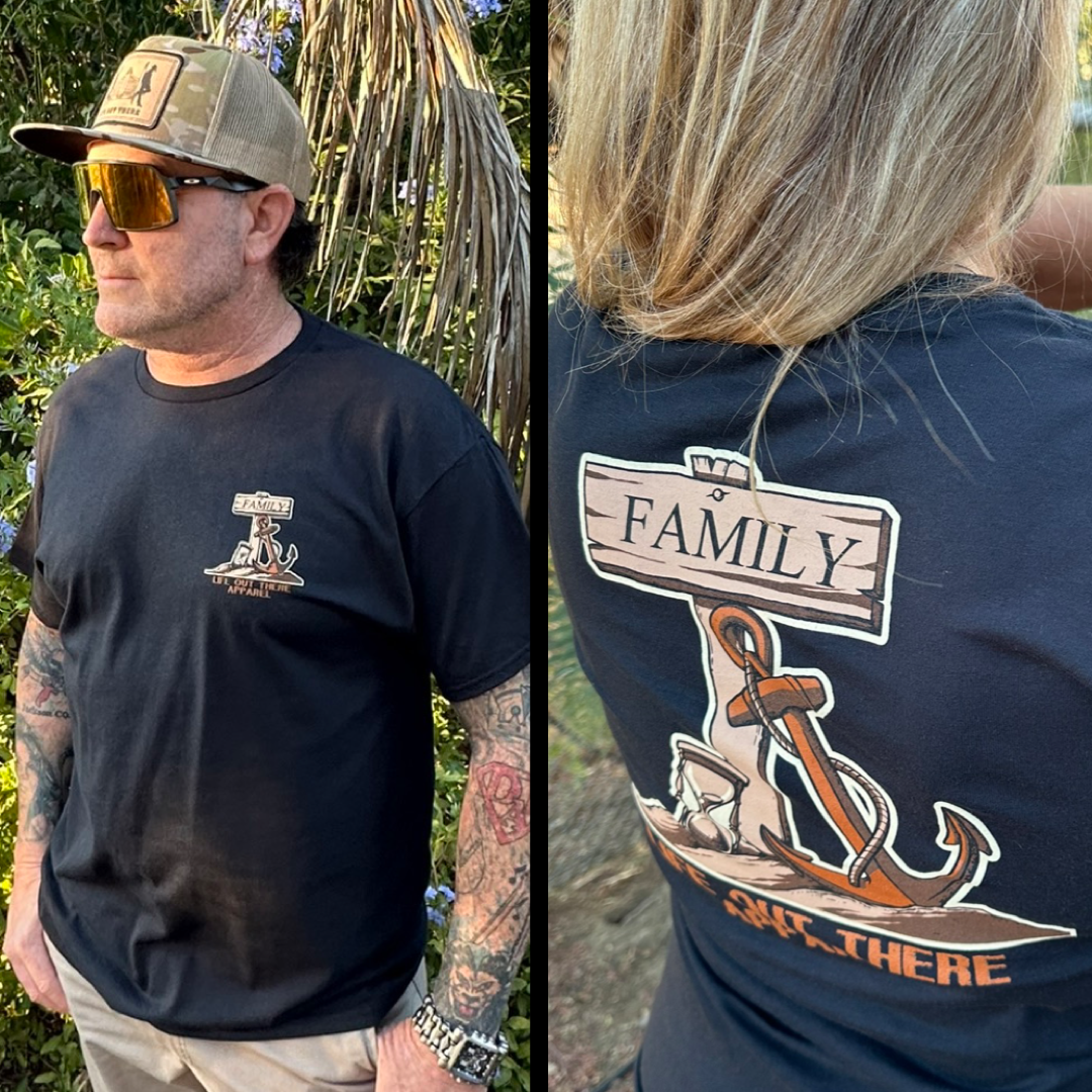 On the left, an individual is standing outdoors wearing the Unisex Time Flies T-Shirt in black by Life Out There Apparel and a beige cap. On the right, a close-up of the back of the shirt displays an anchor intertwined with an hourglass next to text that reads "FAMILY" and "TIME FLIES.