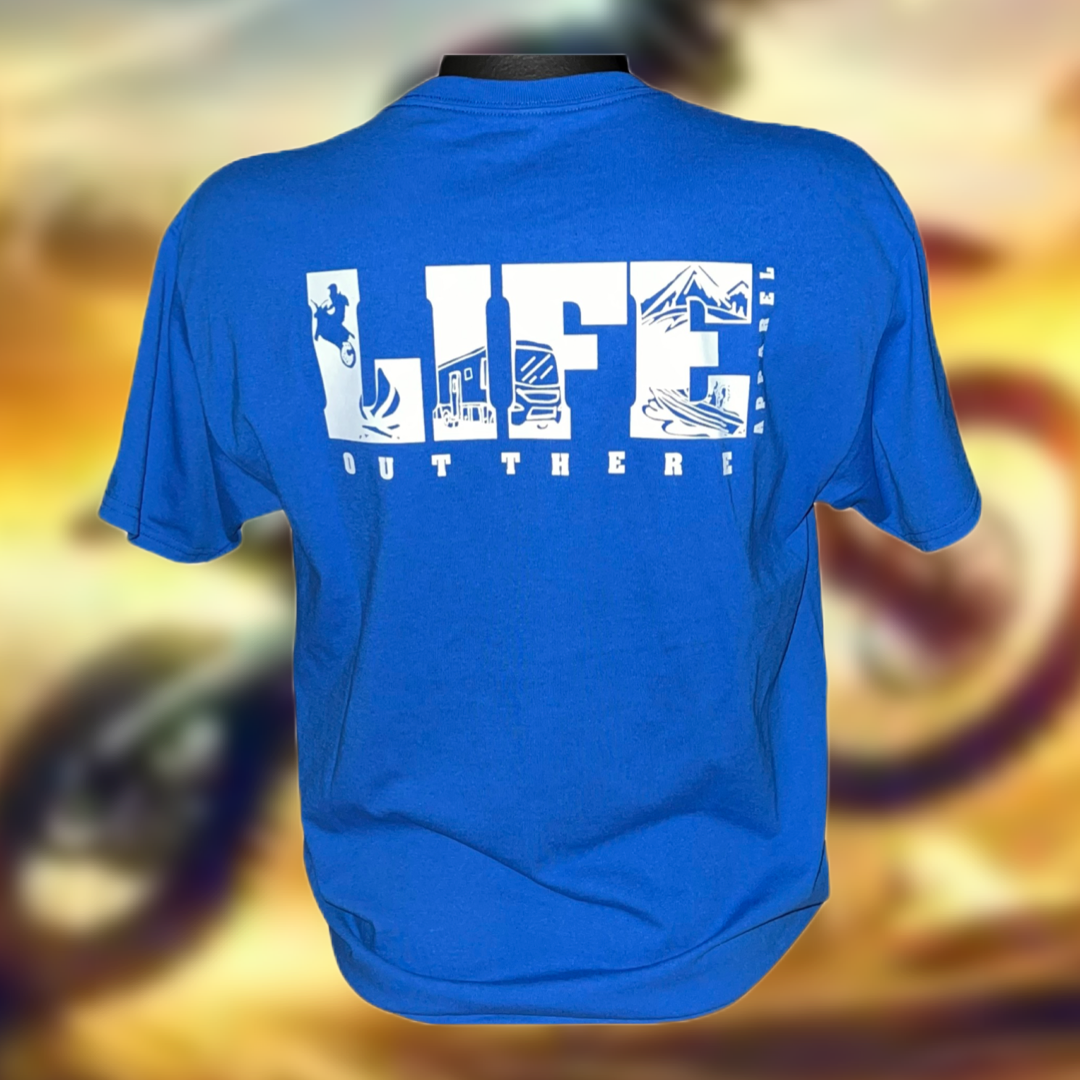 The Unisex The OG T Shirt in Royal/White, from Life Out There Apparel, features the phrase "LIFE OUT THERE" in bold white letters across the back. These letters are filled with illustrations of a climber, mountains, and a camper, symbolizing outdoor adventures such as camping and dirt biking.