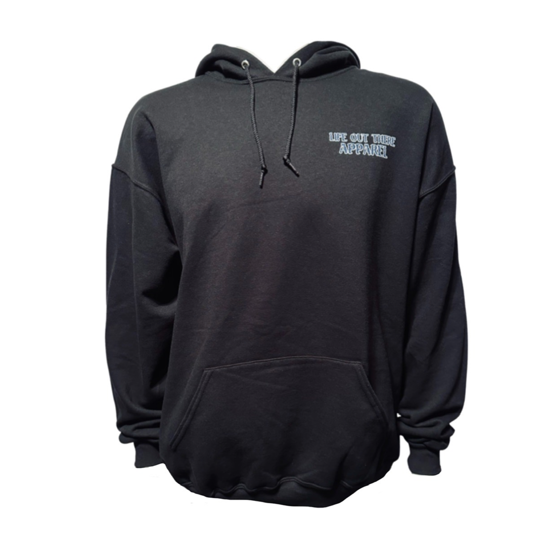 The Unisex The Havasu Hoodie in black, from Life Out There Apparel, is ideal for those cool Lake Havasu evenings. It features drawstrings, a front pocket, and white embroidered text on the left chest that says LIFE OUT THERE APPAREL. Displayed against a plain white background, it offers effortless summer vibes.
