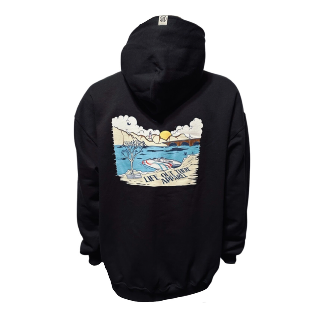 Introducing the Unisex The Havasu Hoodie in black by Life Out There Apparel. This hoodie showcases a vibrant sunrise design over mountains, with a tree and Lake Havasu, capturing the essence of summer vibes. It features a hood and front pocket, making it ideal for those early mornings by the lake.