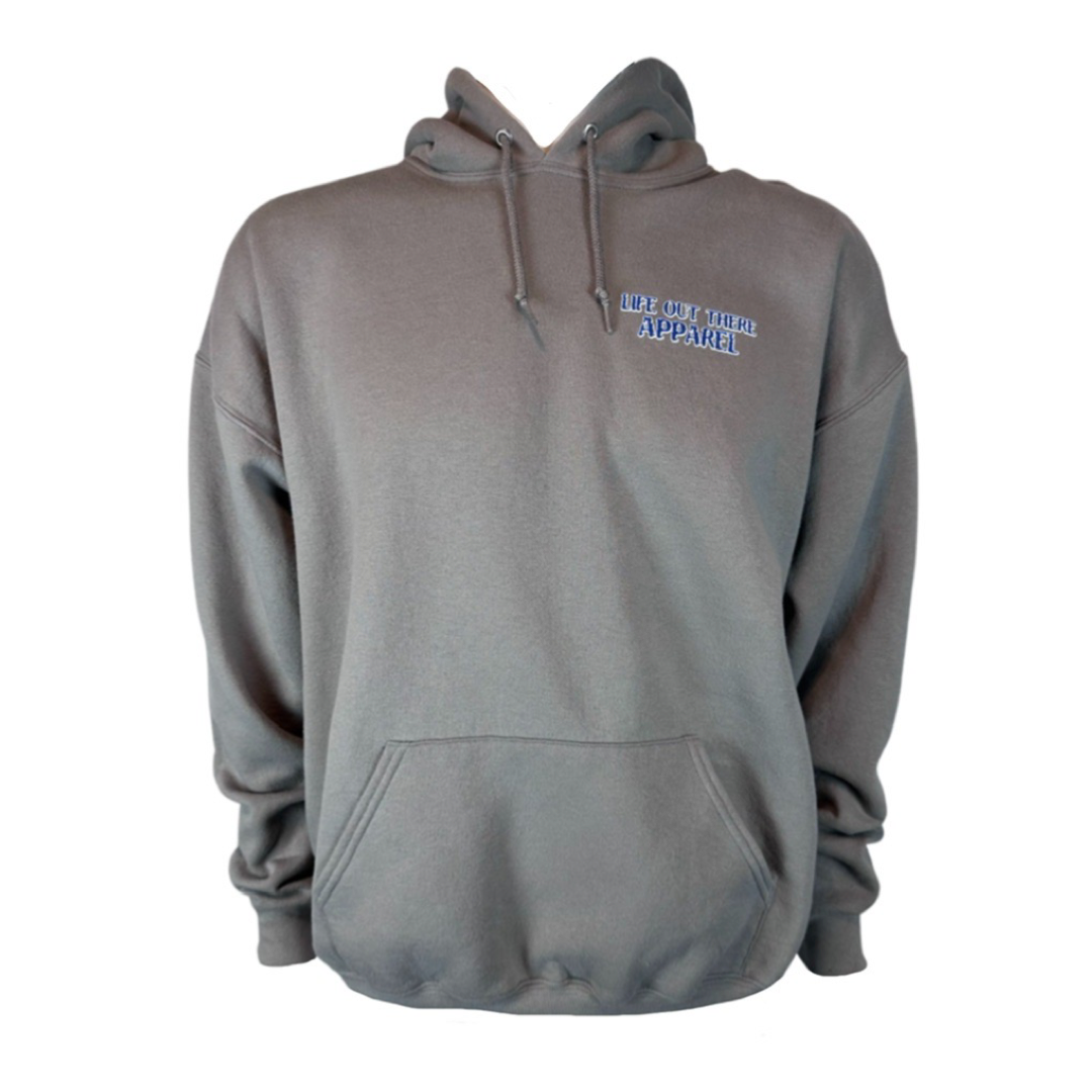 Introducing the Unisex The Havasu Hoodie - Rock by Life Out There Apparel: This gray hoodie features a front pocket and hood, with subtle blue text on the chest that reads Life Out There Apparel. Ideal for cool nights at Windsor Beach, its comfort is as lasting as the stunning beauty of Lake Havasu.