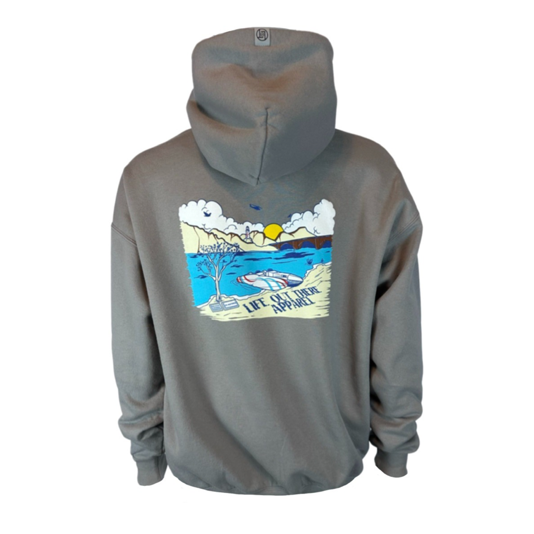 Unisex The Havasu Hoodie - Rock by Life Out There Apparel showcases a vibrant graphic on the back of a gray hoodie, featuring a car beneath a tree with mountains and a sunset, evocative of Windsor Beach at Lake Havasu. The design includes the text "Life is an Adventure.