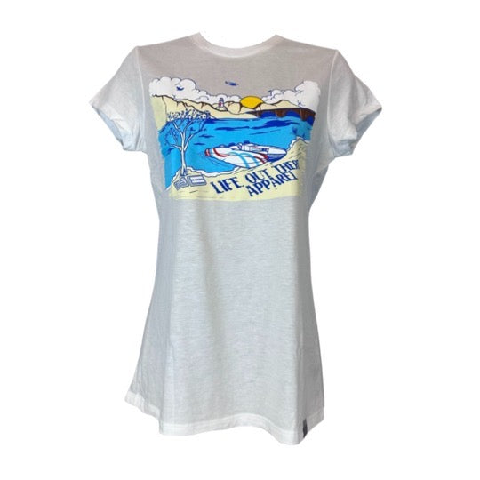A T-shirt in white features a vibrant illustration of a scenic outdoor landscape, inspired by Lake Havasu, with mountains, a shimmering lake, and lush trees. The design is elegantly finished with the "Life Out There Apparel" branding at the bottom.