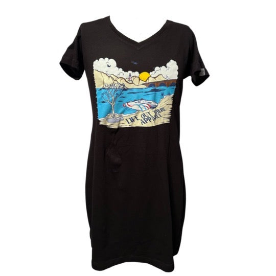 The Havasu Women's Cover Up by Life Out There Apparel is a black dress adorned with a vibrant Windsor Beach graphic. The design features waves, a sun, and clouds, along with the phrase "Life Is Better At The Beach.