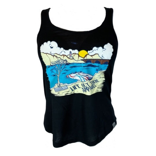 The Havasu Women's Tank Top in black by Life Out There Apparel showcases a graphic of a beach scene with a boat, lighthouse, and sun setting behind mountains, ideal for reminiscing about adventures at Lake Havasu.