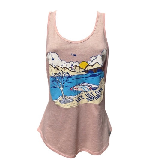 The Havasu Women's Tank Top in vintage pink, from Life Out There Apparel, captures the essence of summer with a scenic illustration of Lake Havasu, complete with mountains, a tree, clouds, and a setting sun.