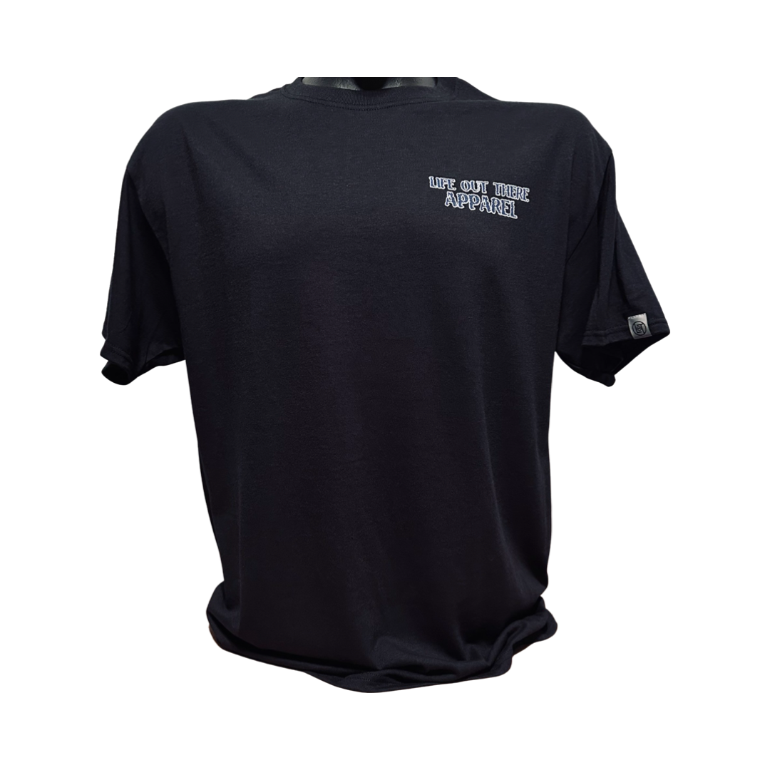 The Unisex The Havasu T Shirt in black from Life Out There Apparel features a white print on the front left side that evokes summer lake vibes and is showcased against a plain background.