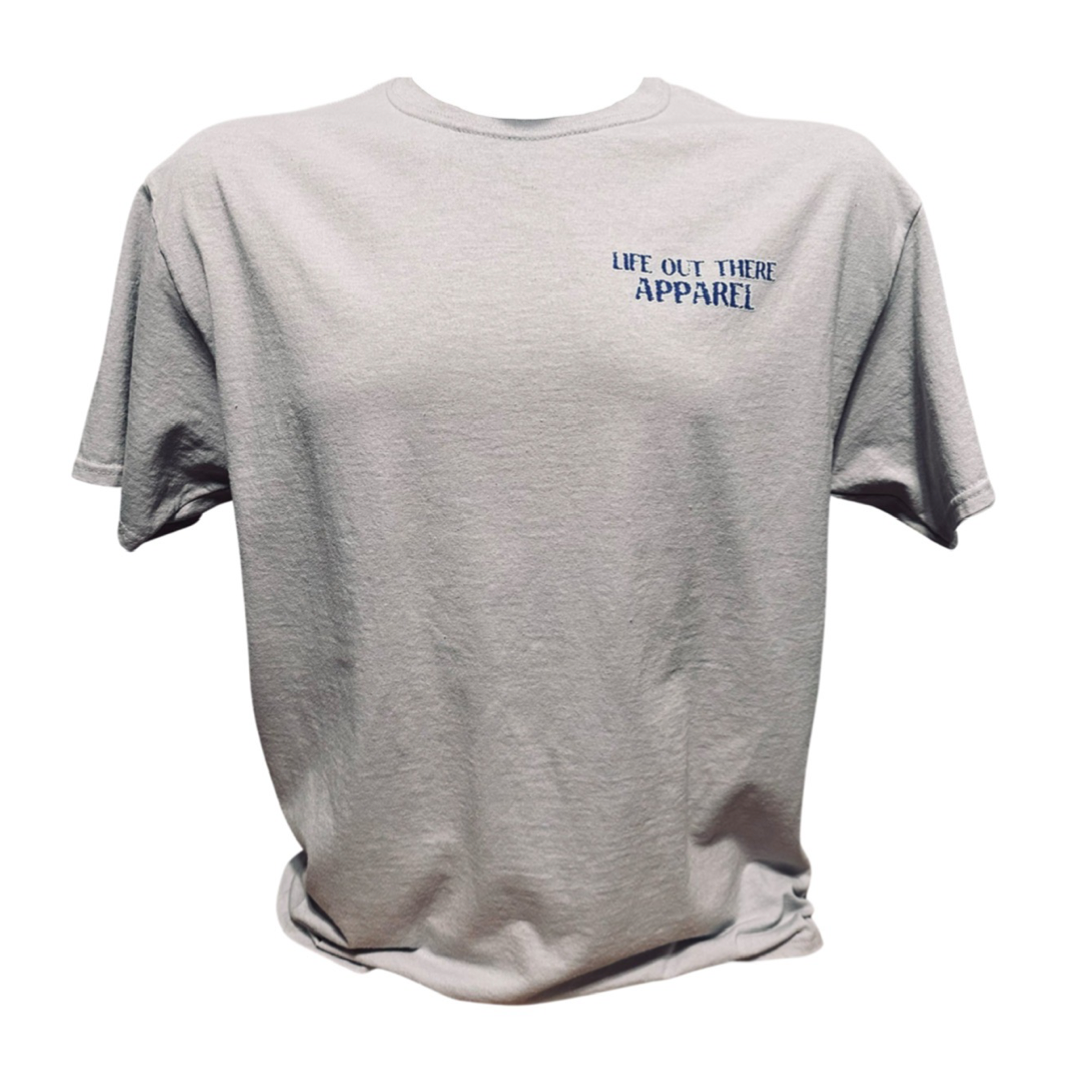 Unisex The Havasu T Shirt in Silver by Life Out There Apparel is a perfect choice for capturing summer vibes. It features short sleeves and a crew neck, with the brand name subtly printed in small blue letters on the upper left chest area, making it ideal for relaxing days by Lake Havasu or enjoying your favorite watersports.