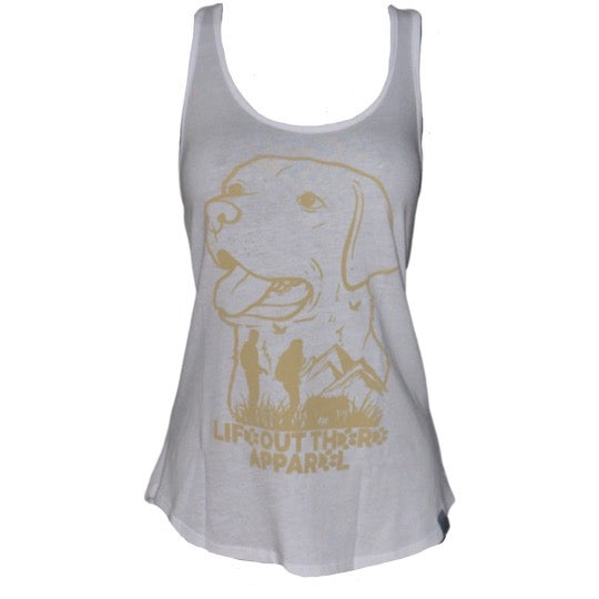 The Best Friend Women's Tank Top in white showcases a graphic silhouette of a dog's head above mountains and figures, capturing the adventurous spirit you share with your furry companion. From Life Out There Apparel.