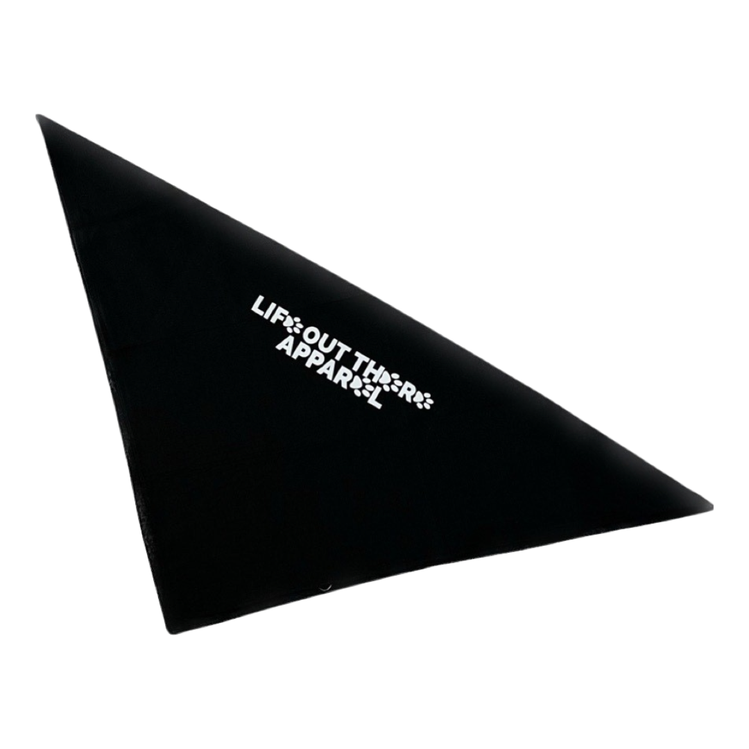 A black triangular bandana for your best friend, featuring the text "REFLECTIVE" printed in silver on one side, brought to you by Life Out There Apparel.