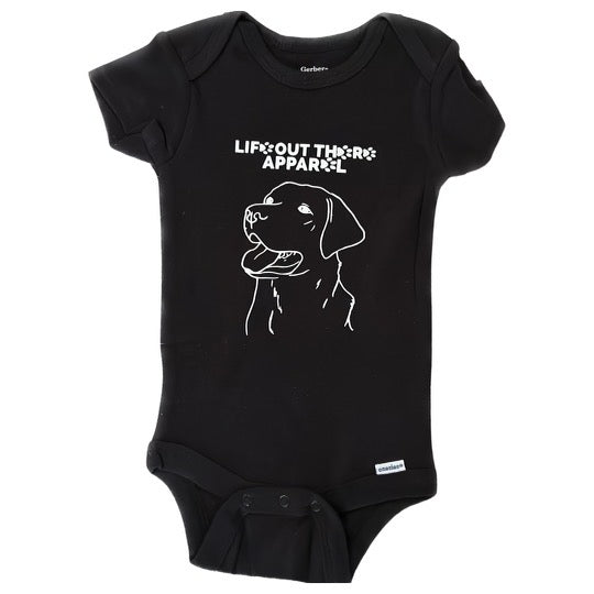 Life Out There Apparel “Best Friend” Unisex baby onesie in black. This is a tribute to our best friend who is a Labrador retriever dog on a hike with his humans.