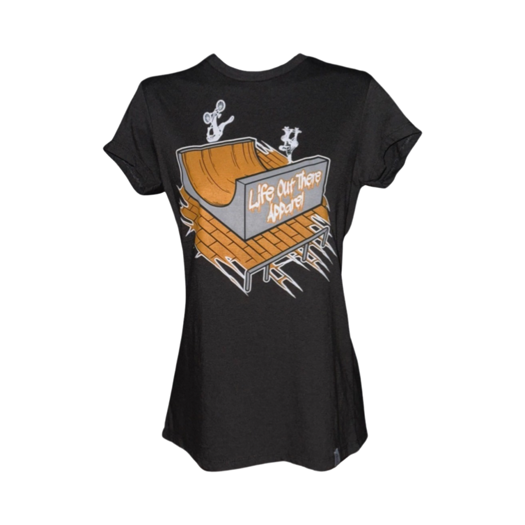 Introducing the Fun Is Not A Crime Women's T-Shirt in Black, showcasing a cartoon rat skateboarding on a half-pipe, epitomizing the California Amateur Skateboard League vibe. The ramp features the brand name Life Out There Apparel.