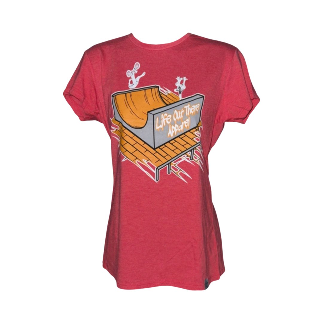 Red "Fun Is Not A Crime" Women’s T-shirt by Life Out There Apparel, showcasing a cartoon design of two mice near a skate ramp, embodying the essence of BMX biking and skateboarding adventures.