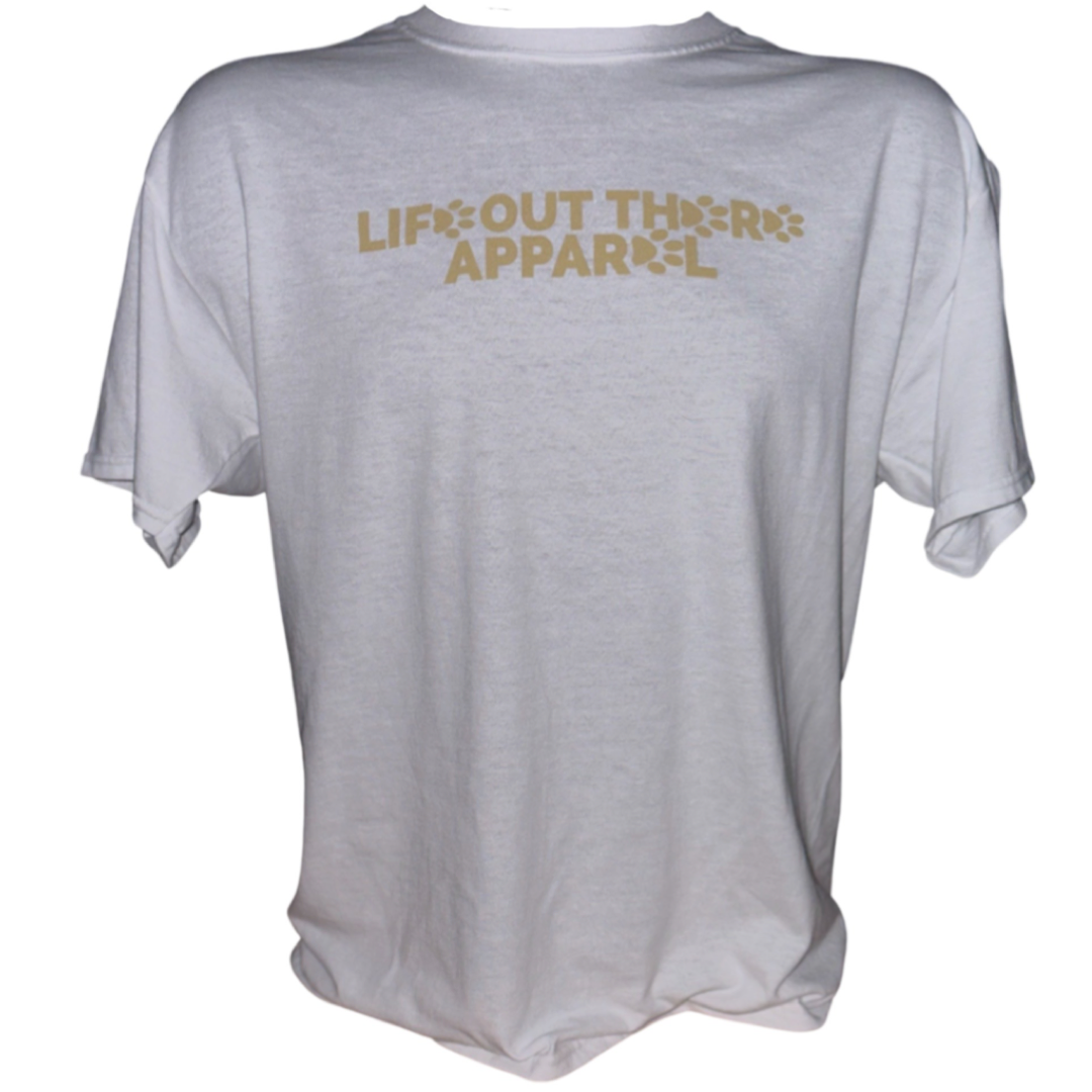 Life Out There Apparel “Best Friend” Unisex tee shirt in white. This is a guy with his best friend, a yellow Labrador. This is a tribute to our dogs, our best friend is a Labrador retriever.