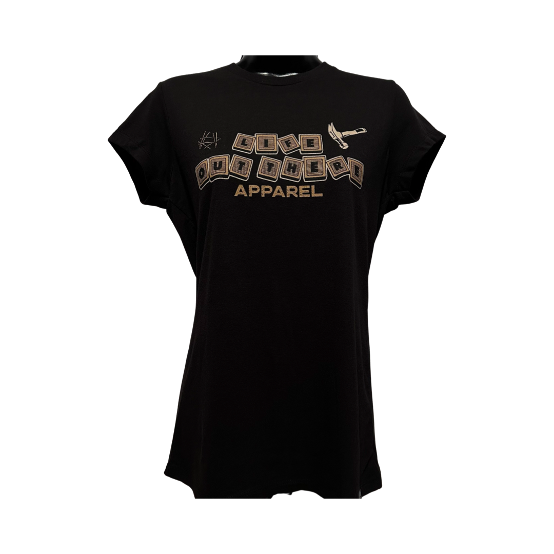 This stylish black "Thanks Dad" women's T-shirt from Life Out There Apparel features geometric patterns and the word APPAREL in gold, along with a stylized needle and thread on the upper right—perfect for Dads who appreciate both fashion and life's lessons stitched into every design.