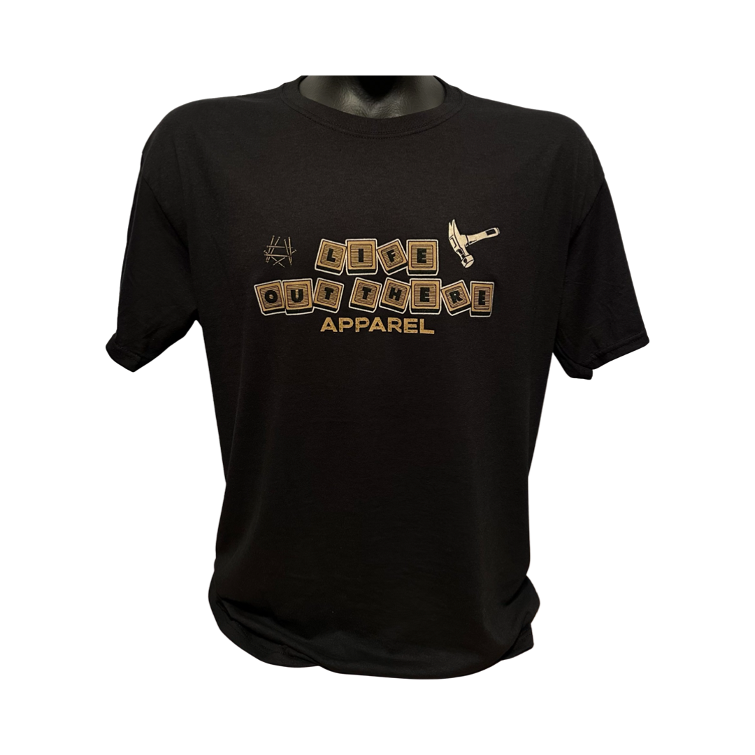 The Unisex Thanks Dad T Shirt in black from Life Out There Apparel is displayed on a mannequin, showcasing the stylized text "Life Out There Apparel" across the chest, complete with a small knife graphic—a subtle nod to dads who impart life lessons with every piece of advice.