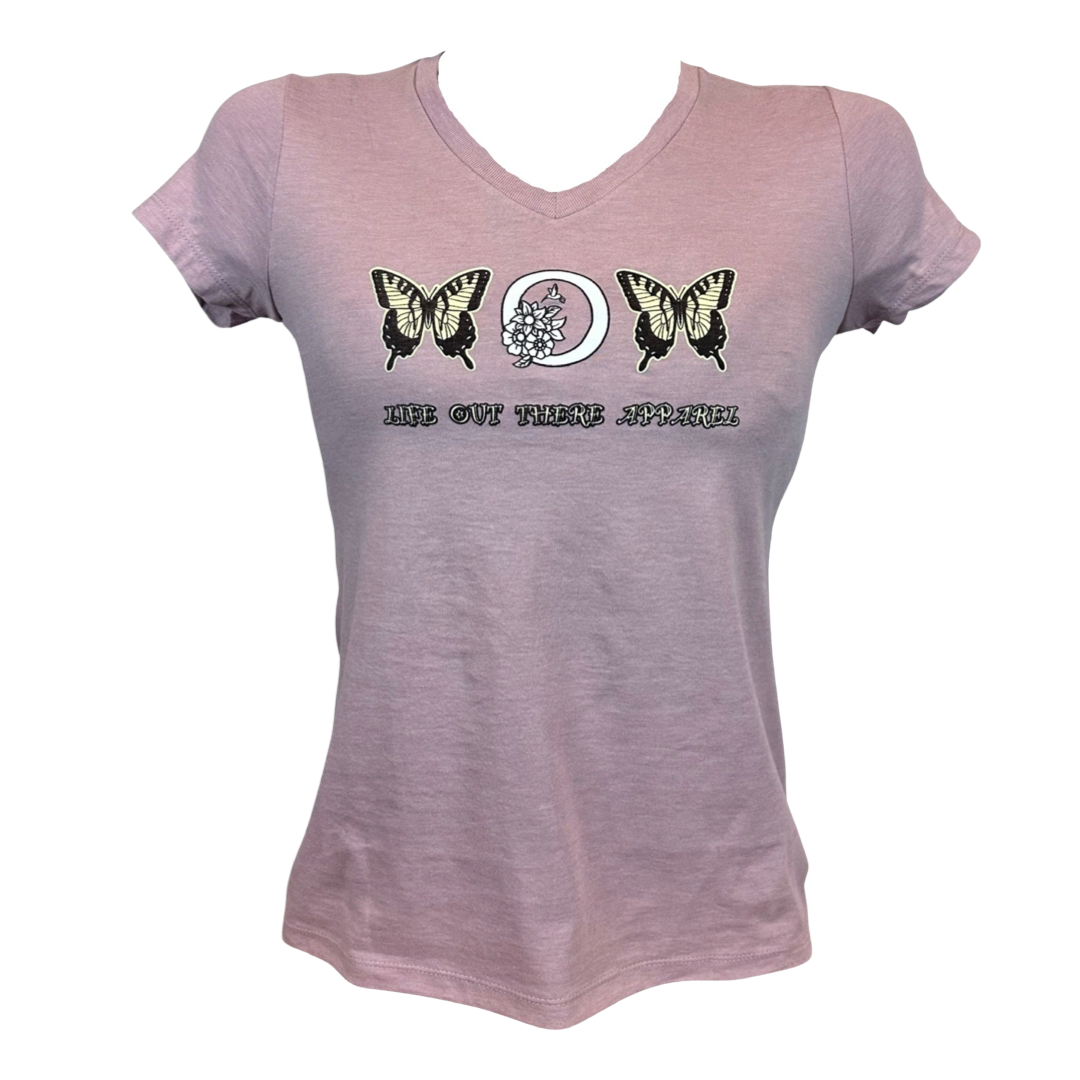 Lavender V-neck T-shirt by Life Out There Apparel, showcasing two monarch butterflies and a crescent moon design on the front, with the text "Life Out There Apparel" below. Perfect for celebrating Mother's Day or showing some LOVE MOM appreciation.