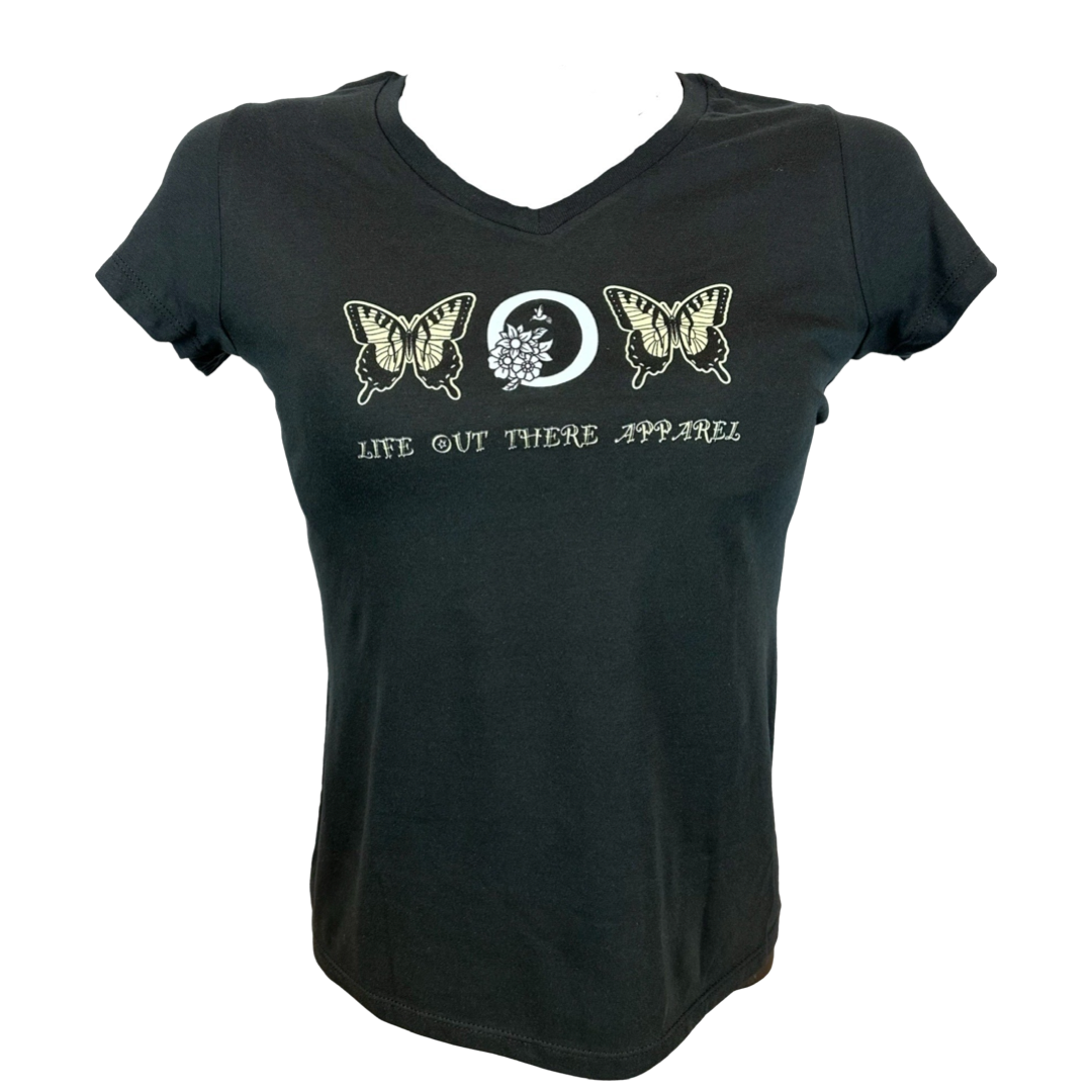 The Love Mom V-Neck T Shirt in black, by Life Out There Apparel, features a beautiful embroidery of two yellow butterflies, including a regal monarch, along with a crescent moon and a flower. It makes the perfect Mother's Day gift to show you care.