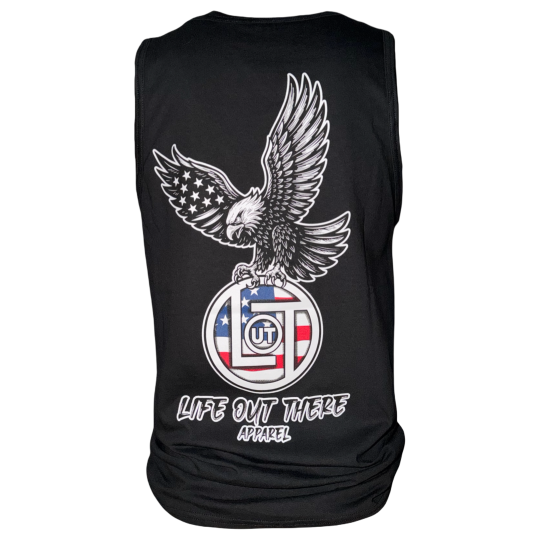 The Flight of Freedom Tank Top - Black from Life Out There Apparel features a tagless, pre-shrunk spun cotton unisex design with a graphic eagle with American flag wings and stars-and-stripes logo.