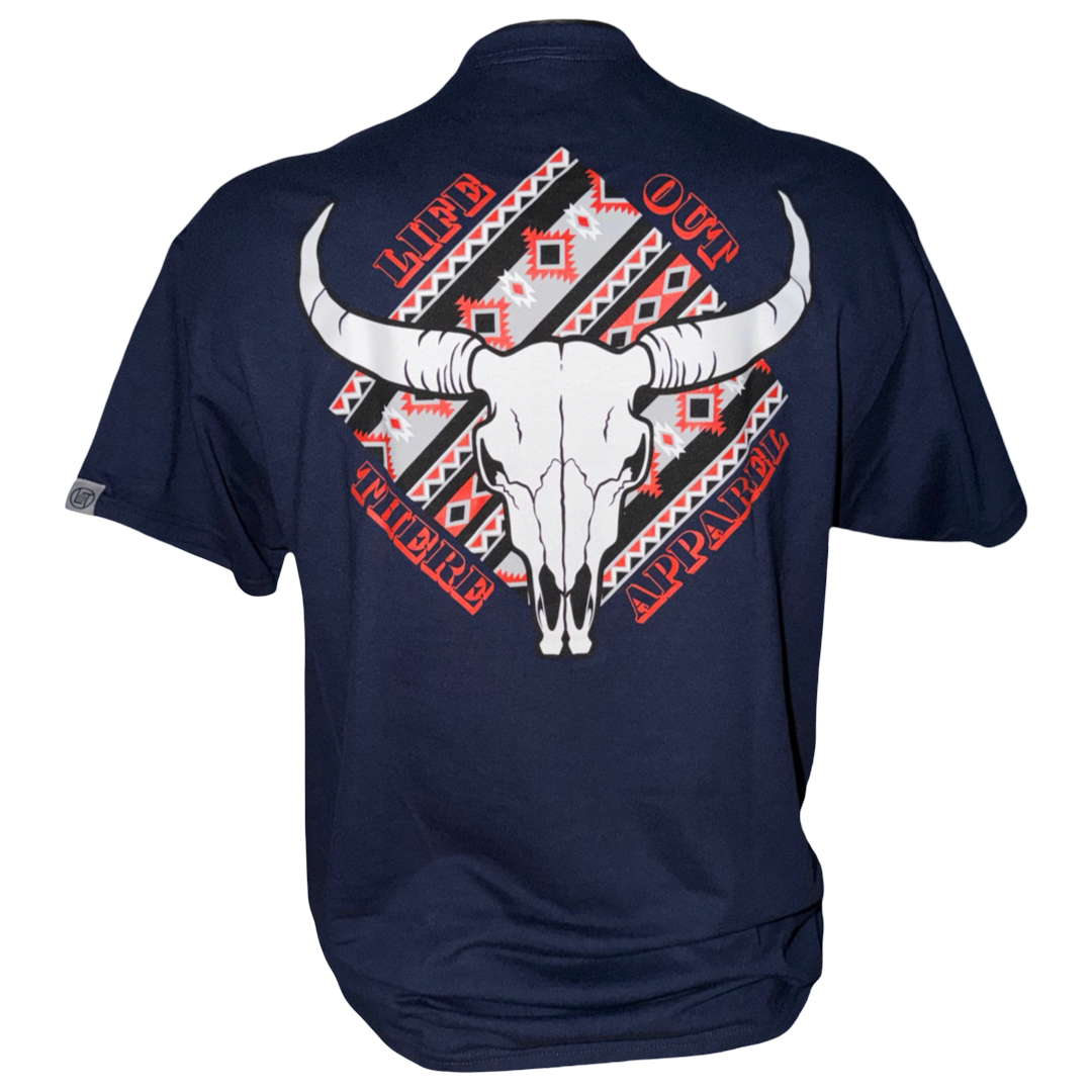 Introducing the Longhorn Outlaw Tee - Navy by Life Out There Apparel, a unisex shirt showcasing a striking white LONGHORN OUTLAW bull skull with long horns, set against an eye-catching red, white, and black geometric pattern. The design is encircled by the text “Life Out There Apparel.”.