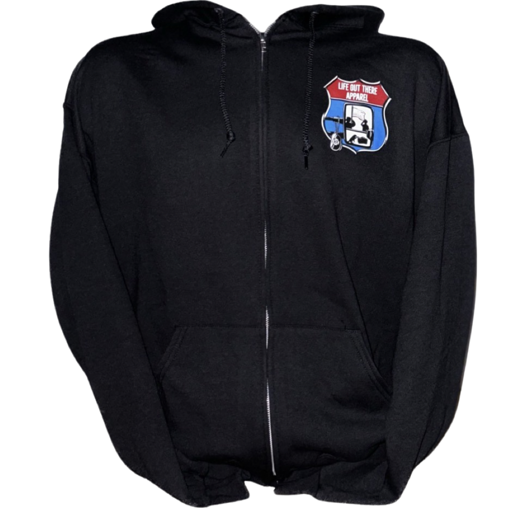 Life Out There Apparel “Leave It Behind” Unisex “Zip Up” hoodie has a truck side mirror with the reflection of a male, female & K9 soldiers saluting the American flag - bringing awareness to P. T. S. D. (post traumatic stress disorder). This is a photo of the front of the “Zip Up” hoodie with a white background.