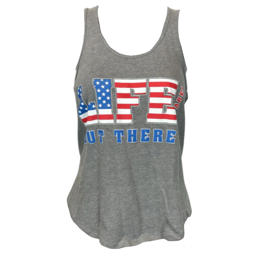 The Freedom Women's Tank Top - Grey by Life Out There Apparel showcases an American flag pattern, with stars and stripes in red, white, and blue. Ideal for celebrating the 4th of July or expressing the patriotism we cherish.