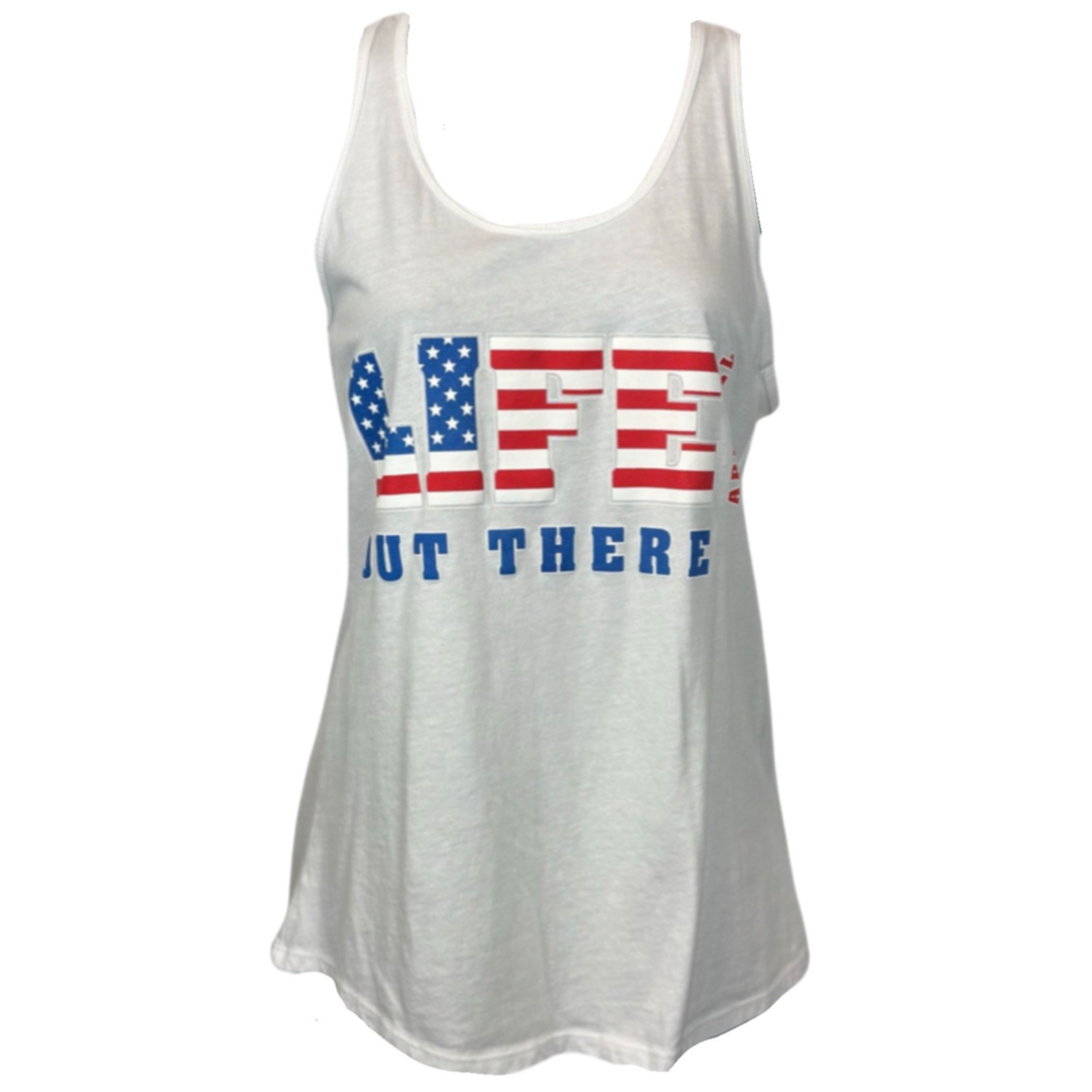 The Freedom Women's Tank Top - White by Life Out There Apparel showcases the text LIFE OUT THERE on the front, with LIFE designed in a striking American flag pattern. This tank top is ideal for celebrating THE FREEDOM and spirit of the 4th of July.