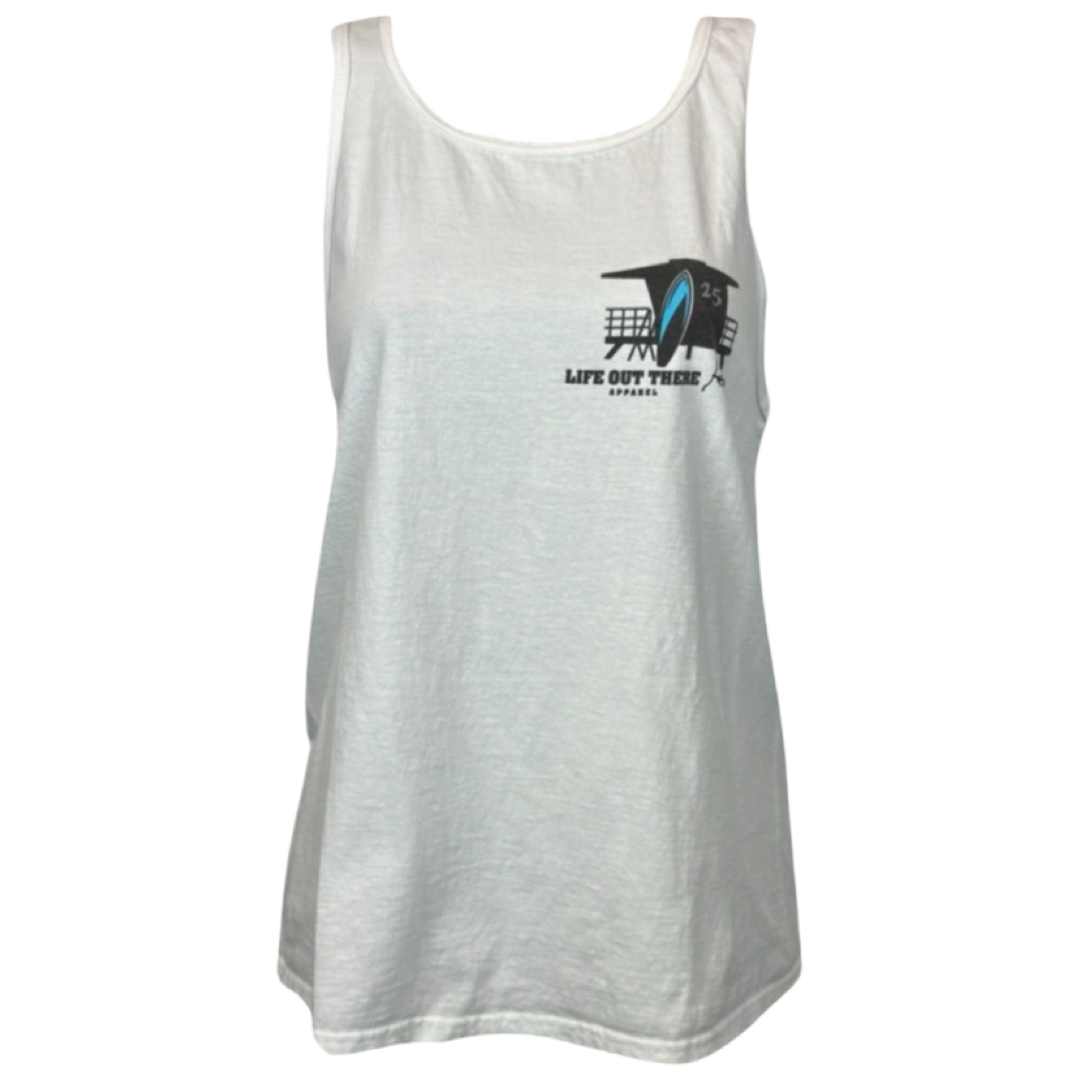 Introducing the Unisex The JJ Tank Top in white by Life Out There Apparel, featuring a subtle graphic on the upper left side with a surfboard and lifeguard tower along with the phrase "Life Out There." This tank top is ideal for beach days and surfing adventures.