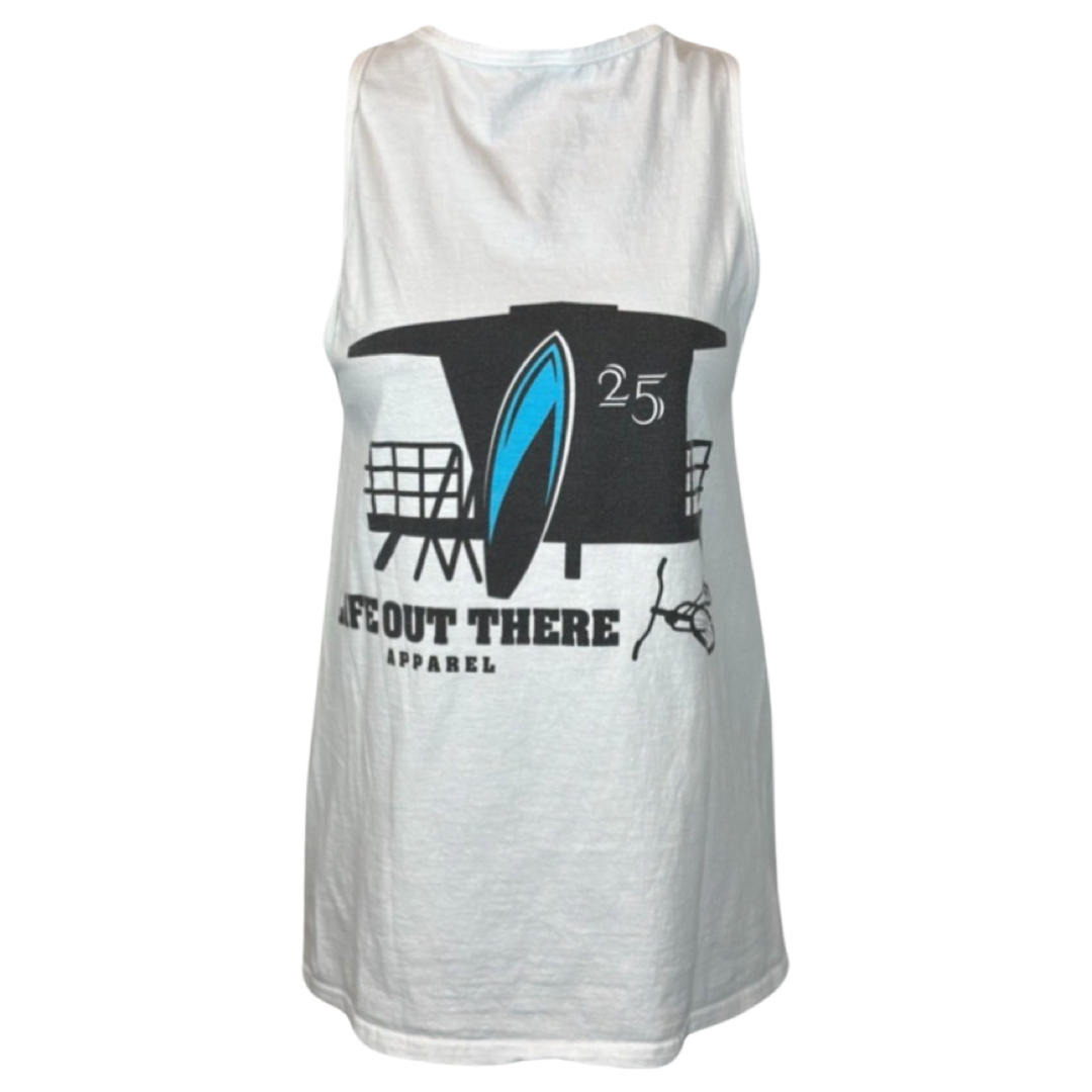 The white "Unisex The JJ Tank Top" from Life Out There Apparel features a beach-themed design that includes a lifeguard tower, a blue surfboard, and a small bicycle. The phrase "25 and Life Out There Apparel" adds an adventurous touch to this surfing-inspired top.