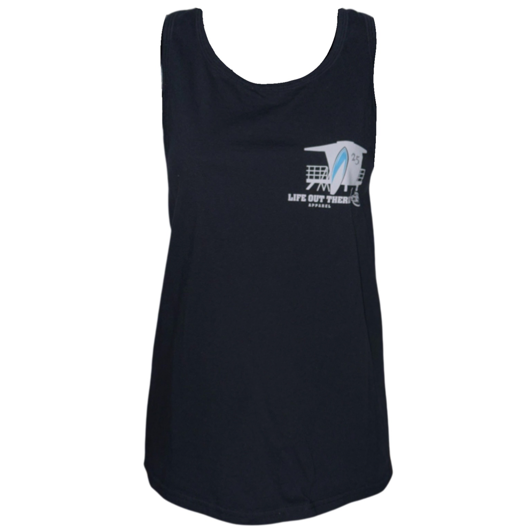Introducing the Unisex The JJ Tank Top in Black from Life Out There Apparel—a sleeveless design featuring a small, stylized wave logo on the upper left side with "Life Out There 25" text beneath it. It's perfect for those who dream of surfing under the sun.