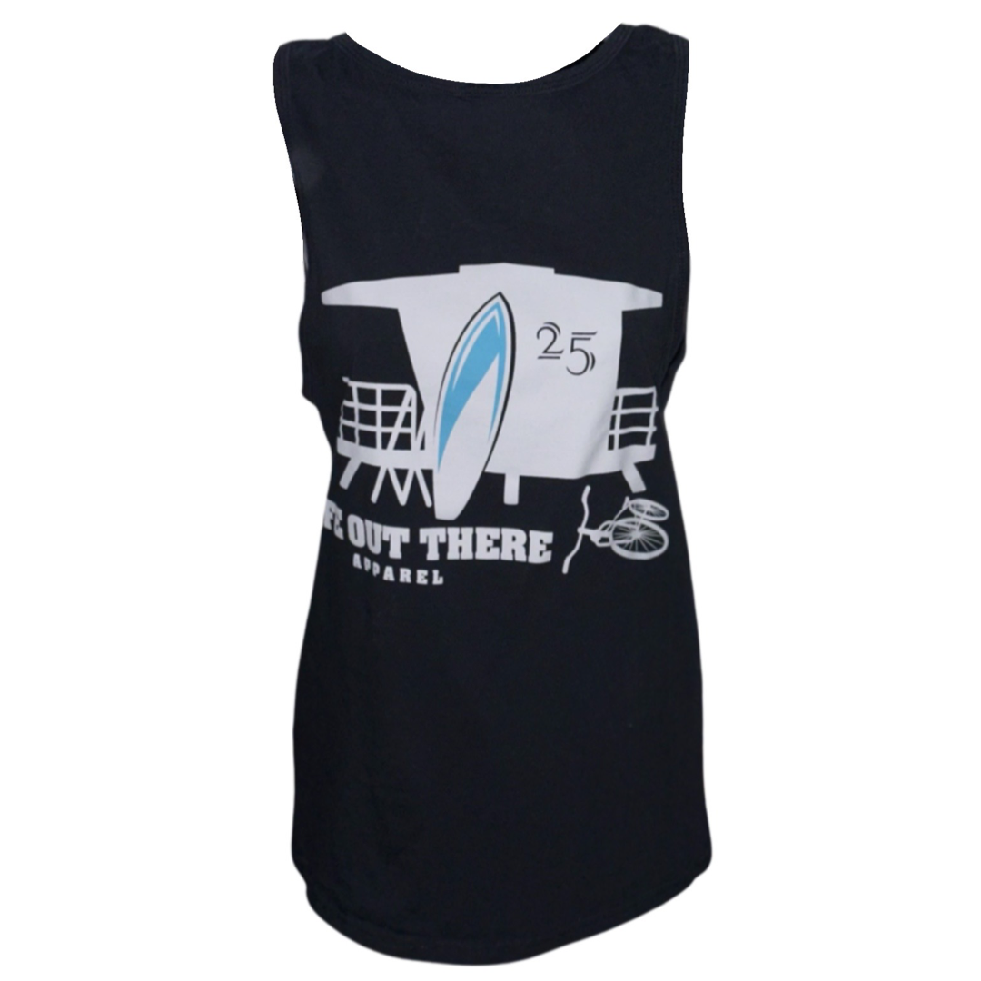 The Unisex The JJ Tank Top in black by Life Out There Apparel captures the essence of Huntington Beach with its design featuring a lifeguard stand, blue surfboard, and two chairs. Adorned with "25" and "WERE OUT THERE APPAREL" text, it's perfect for those who appreciate the vibrant surfing culture.