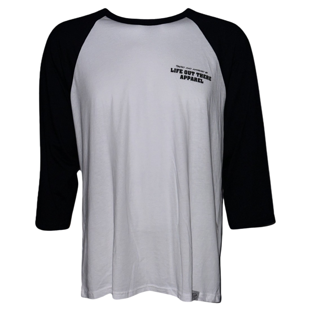 Black & White Life Out There Apparel “Music Is Medicine “ Unisex Raglan 3/4 tee shirt is a medicine pill bottle tipped over with pills that have fallen out, that have music notes on them. This photo is of the front of the shirt on a white background.