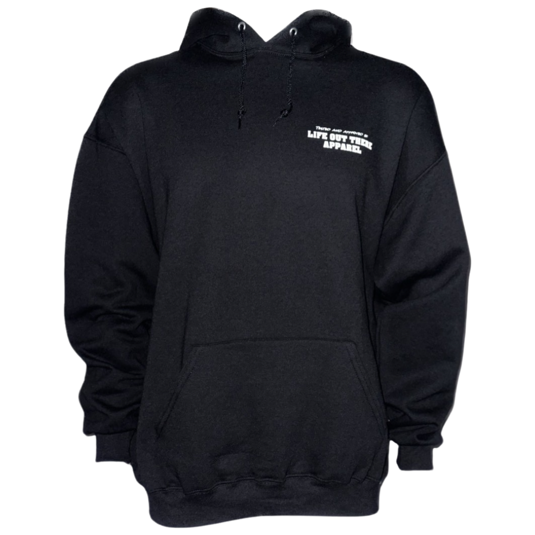 Black Unisex hoodie from Life Out There Apparel “Music Is Medicine “ - This design is a medicine pill bottle tipped over with pills that have fallen out, that have music notes on them. This photo shows the front of the hoodie with a white transparent background.