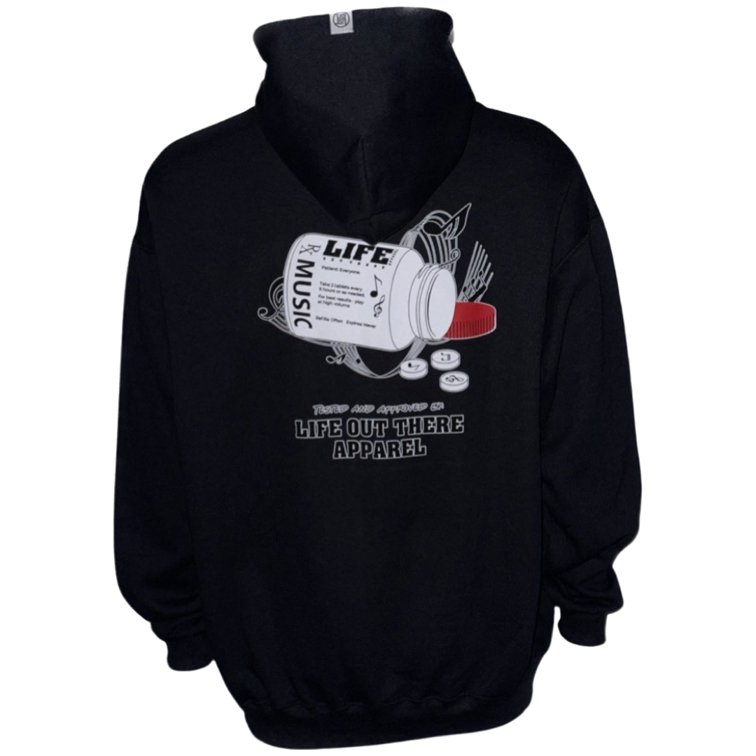 Black Unisex hoodie from Life Out There Apparel “Music Is Medicine “ - This design is a medicine pill bottle tipped over with pills that have fallen out, that have music notes on them. This photo shows the back of the hoodie with a white background.