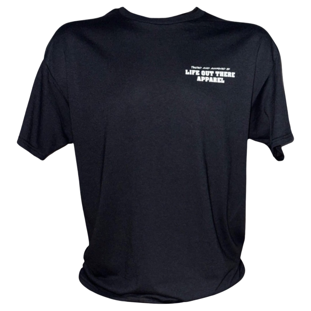 Black Life Out There Apparel “Music Is Medicine “ Unisex tee shirt is a medicine pill bottle tipped over with pills that have fallen out, that have music notes on them. This photos is the front of the tee with a white transparent background.