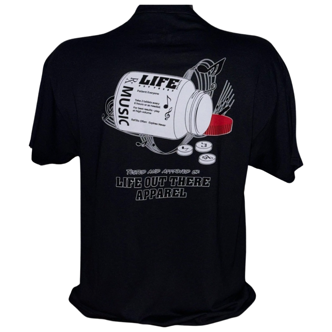 Black Life Out There Apparel “Music Is Medicine “ Unisex tee shirt is a medicine pill bottle tipped over with pills that have fallen out, that have music notes on them. This photos is the back of the tee with a transparent background.