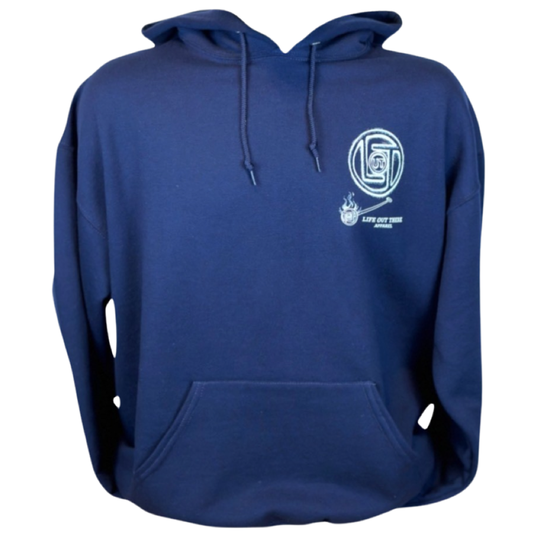 Life Out There Apparel “Branded” Unisex pullover hoodie in navy blue is a round logo of the companies initials, made with a hot branding iron. This is a photo of the front of the hoodie.