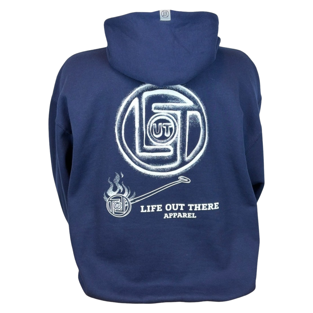 Life Out There Apparel “Branded” Unisex hoodie in navy blue is a round logo of the companies initials, made with a hot branding iron. This is a photo of the back of the hoodie.