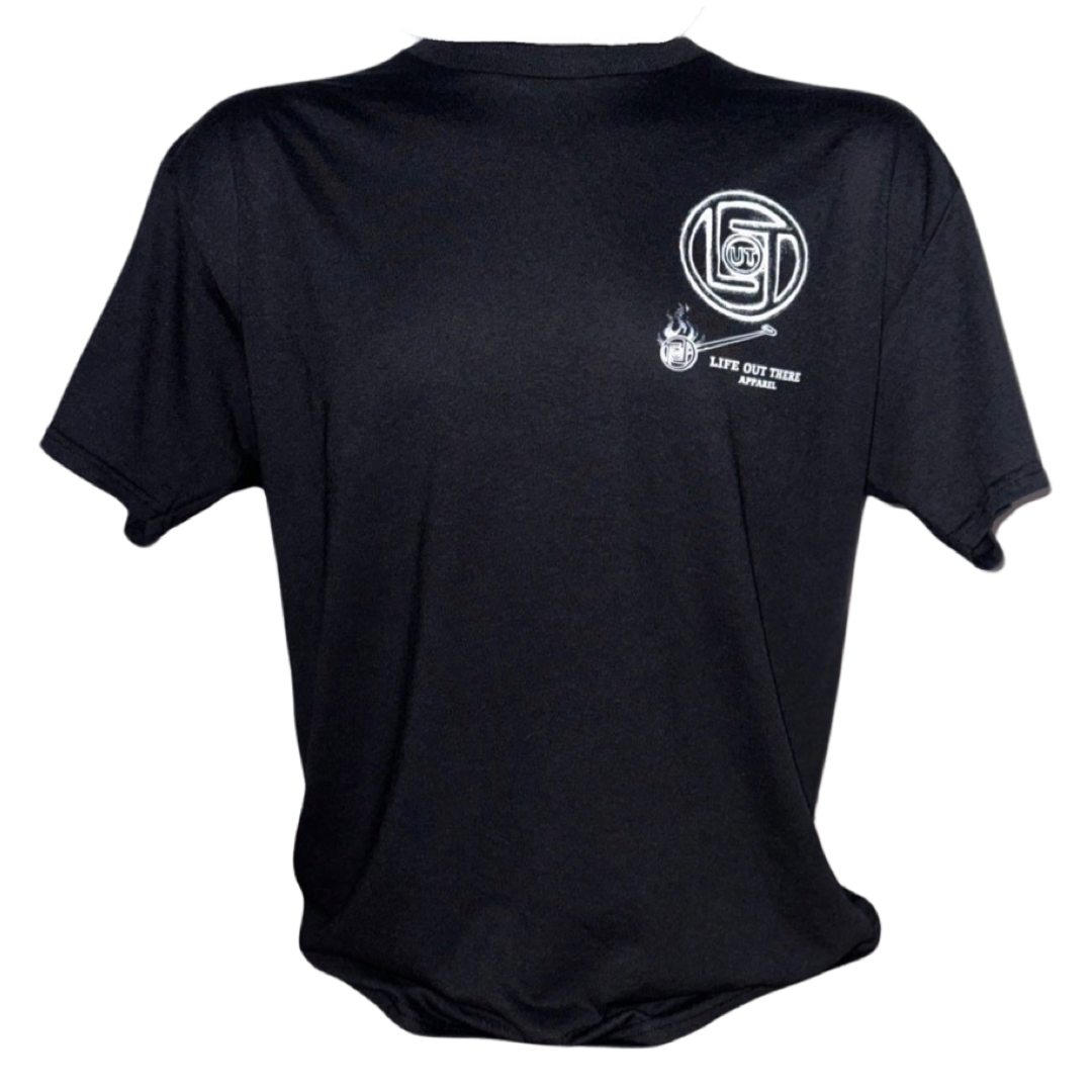 Life Out There Apparel “Branded” Unisex black tee shirt is a round logo of the companies initials, made with a hot branding iron. This is a photo of the front of the shirt with a small,log,on the left chest.