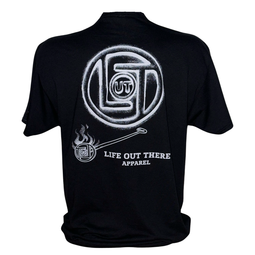 Life Out There Apparel “Branded” Unisex black tee shirt is a round logo of the companies initials, made with a hot branding iron. This is a photo of the back of the shirt.