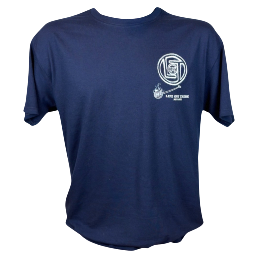 The Unisex Branded T-Shirt in Navy from Life Out There Apparel features a round logo on the left chest, along with the "Life Out There" text, emphasizing its strong branding.