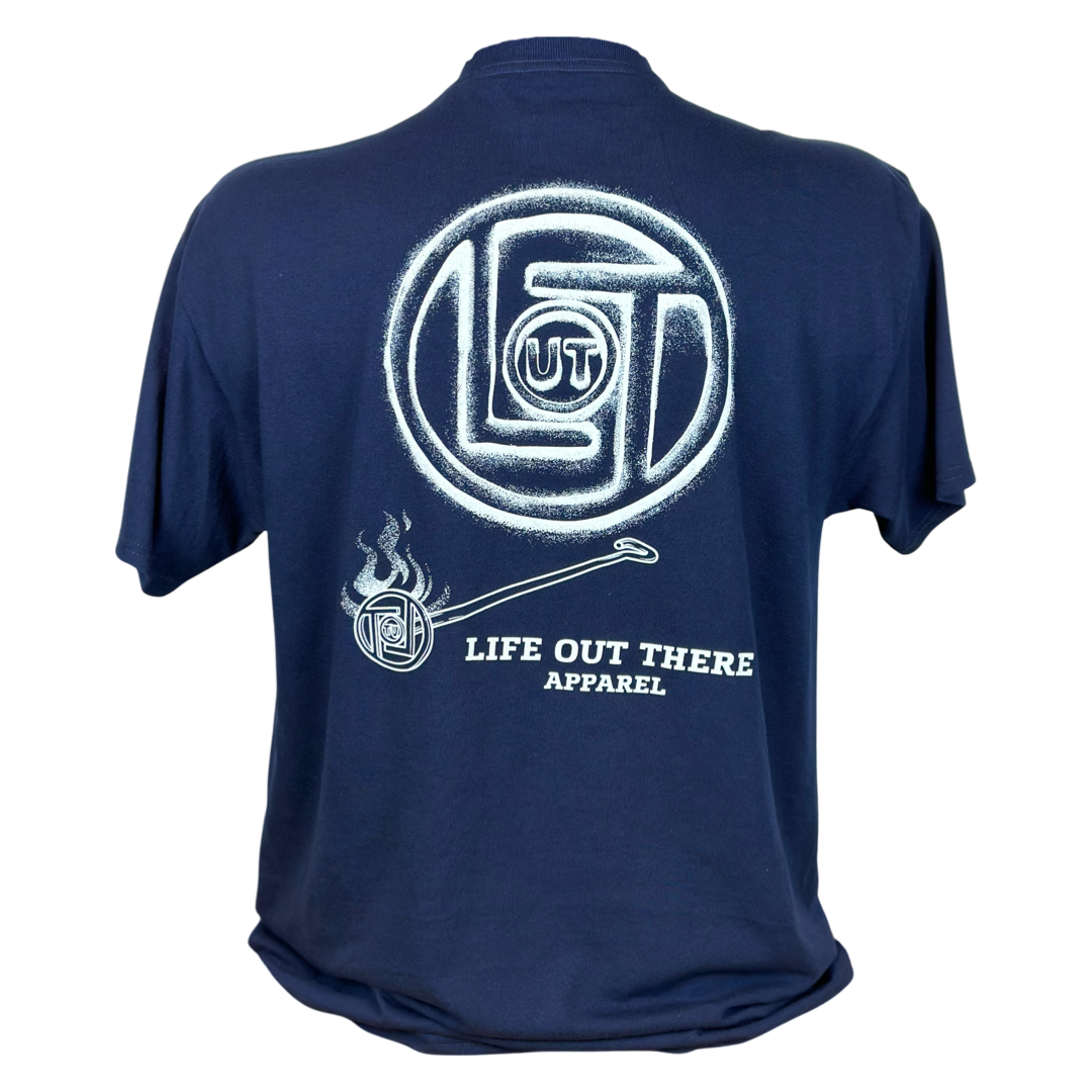 Unisex Branded T Shirt - Navy that showcases a circular logo with "LUT" at the center. Below the logo, it displays the brand name "Life Out There Apparel" along with an image of a branding iron.