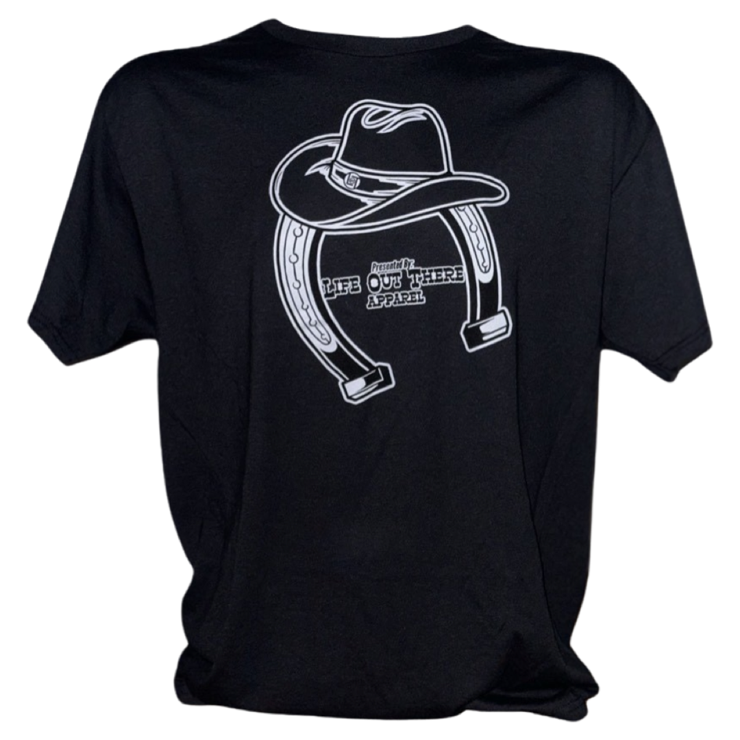 “ONWARD & UPWARD” Tour :
Life Out There Apparel “ONWARD & UPWARD” Tour Black Unisex tee is a country concert design with a cowboy hat & horseshoe on the front and back, with all the design names from the past 2 years (instead of city & tours dates) this photo has a transparent background with showing the front of the shirt.