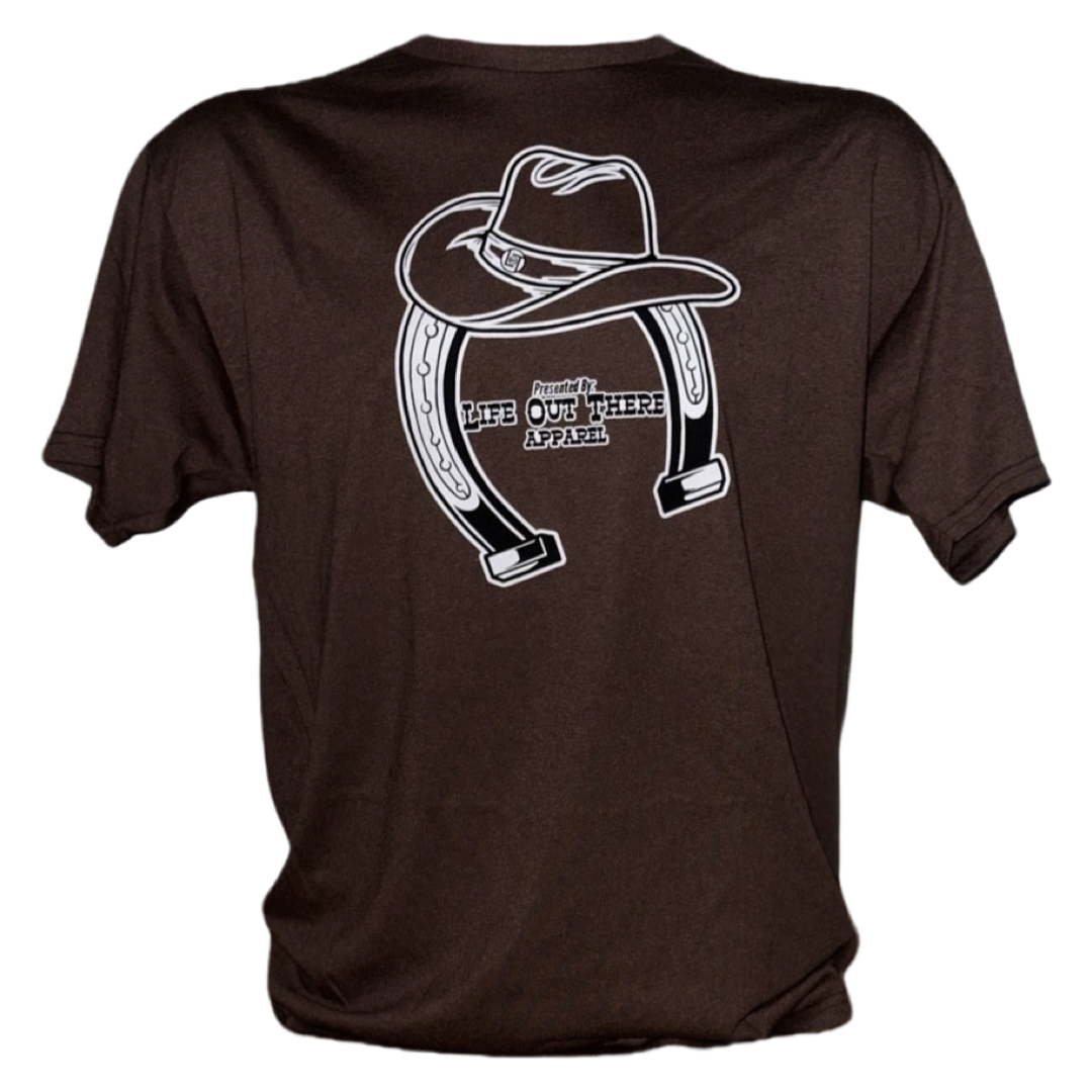 “ONWARD & UPWARD” Tour :
The Chocolate Brown Life Out There Apparel “ONWARD & UPWARD” Tour Unisex tee in is a country concert design with a cowboy hat & horseshoe on the front and back, with all the design names from the past 2 years (instead of city & tours dates) This photo is of the front of the chocolate brown tee shirt that has transparent background.